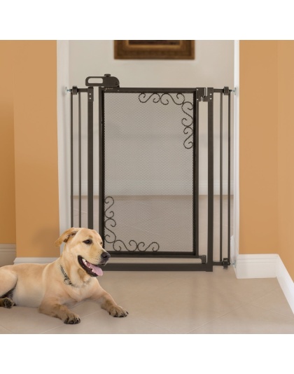 Tall One-Touch Metal Mesh Pet Gate in Antique Bronze