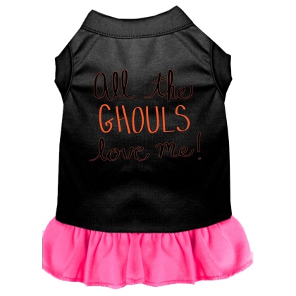 All the Ghouls Screen Print Dog Dress Black with Bright Pink Lg