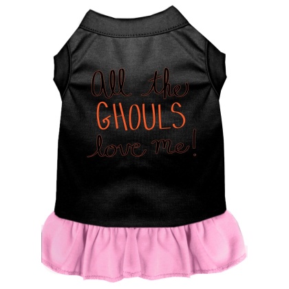 All the Ghouls Screen Print Dog Dress Black with Light Pink Lg