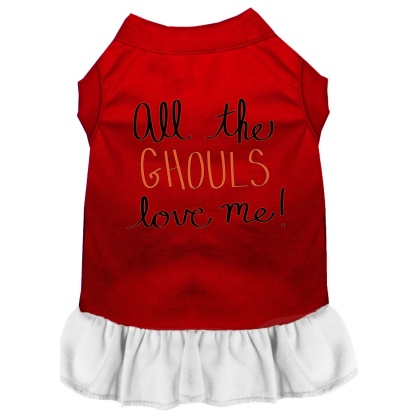 All the Ghouls Screen Print Dog Dress Red with White Lg