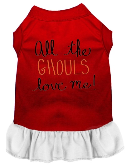 All the Ghouls Screen Print Dog Dress Red with White Lg