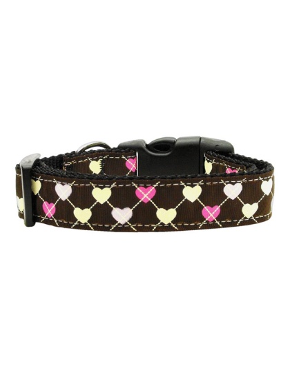 Argyle Hearts Nylon Ribbon Collar Brown Large