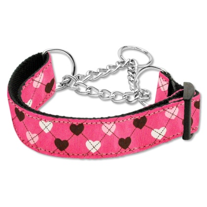 Argyle Hearts Nylon Ribbon Collar Martingale Bright Pink Large