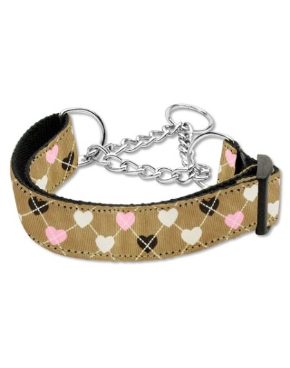 Argyle Hearts Nylon Ribbon Collar Martingale Tan Large