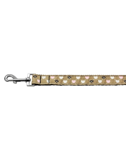 Argyle Hearts Nylon Ribbon Leash Tan 1 inch wide 4ft Long
