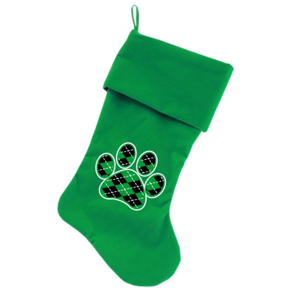 Argyle Paw Green Screen Print 18 inch Velvet Christmas Stocking Green
