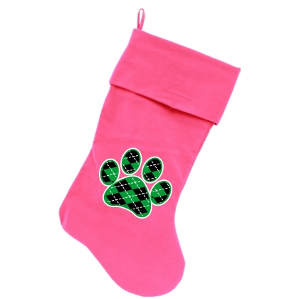 Argyle Paw Green Screen Print 18 inch Velvet Christmas Stocking Pink