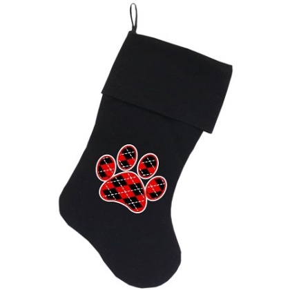 Argyle Paw Red Screen Print 18 inch Velvet Christmas Stocking Black