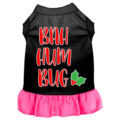 Bah Humbug Screen Print Dog Dress Black with Bright Pink Lg