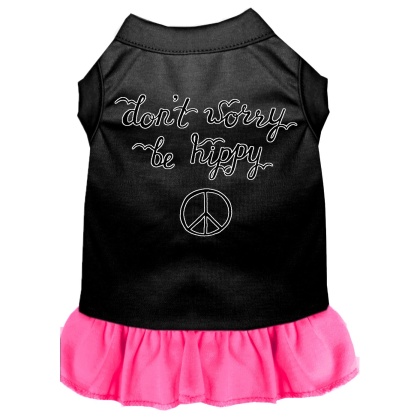 Be Hippy Screen Print Dog Dress Black with Bright Pink Lg
