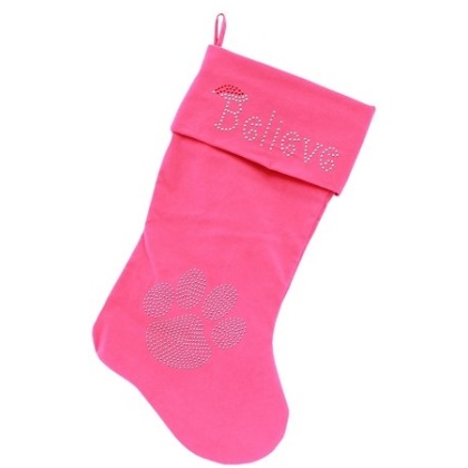 Believe Rhinestone 18 inch Velvet Christmas Stocking Pink