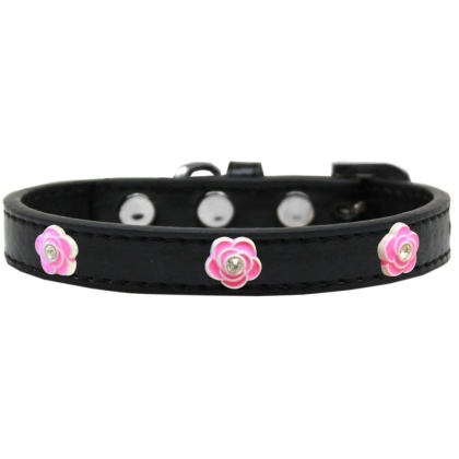 Bright Pink Rose Widget Dog Collar Black Size 10