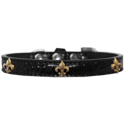 Bronze Fleur De Lis Widget Croc Dog Collar Black Size 10