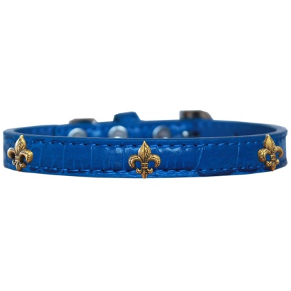 Bronze Fleur De Lis Widget Croc Dog Collar Blue Size 10