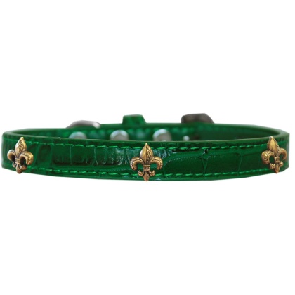 Bronze Fleur De Lis Widget Croc Dog Collar Emerald Green Size 10