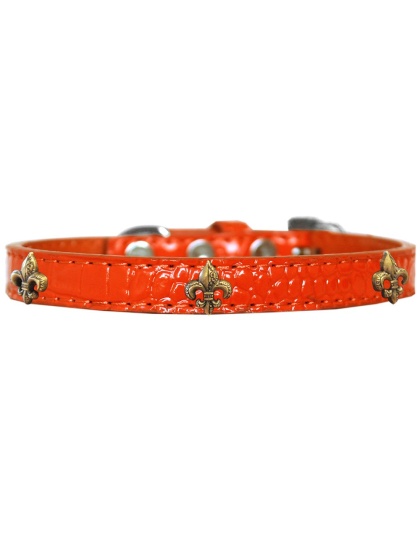 Bronze Fleur De Lis Widget Croc Dog Collar Orange Size 10