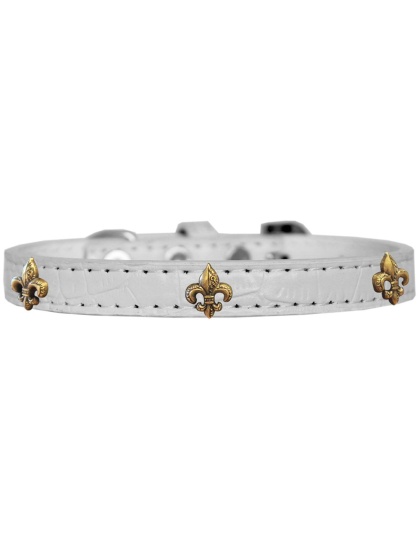 Bronze Fleur De Lis Widget Croc Dog Collar White Size 10