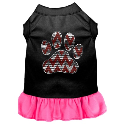 Candy Cane Chevron Paw Rhinestone Dog Dress Black with Bright Pink Lg