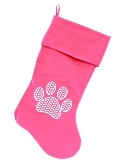 Chevron Paw Screen Print 18 inch Velvet Christmas Stocking Pink