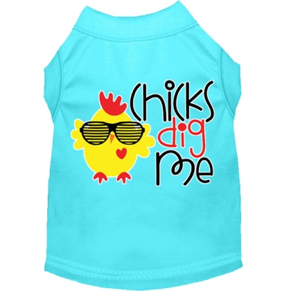 Chicks Dig Me Screen Print Dog Shirt Aqua Lg