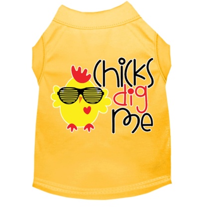 Chicks Dig Me Screen Print Dog Shirt Yellow Lg