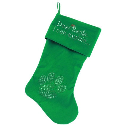 Dear Santa I can Explain Rhinestone 18 Inch Velvet Christmas Stocking Green