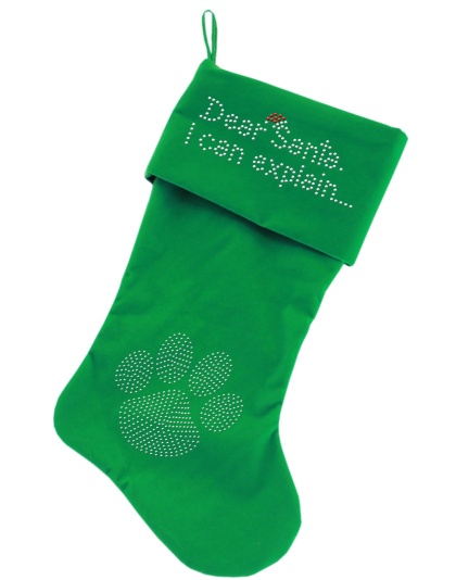 Dear Santa I can Explain Rhinestone 18 Inch Velvet Christmas Stocking Green