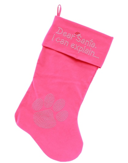 Dear Santa I can Explain Rhinestone 18 Inch Velvet Christmas Stocking Pink