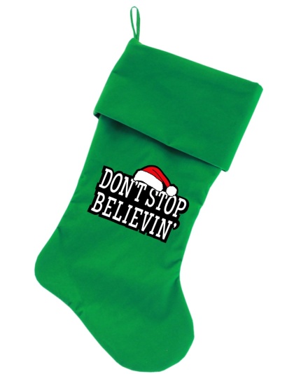 Don't Stop Believin Screen Print 18 inch Velvet Christmas Stocking Green