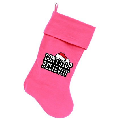 Don't Stop Believin Screen Print 18 inch Velvet Christmas Stocking Pink