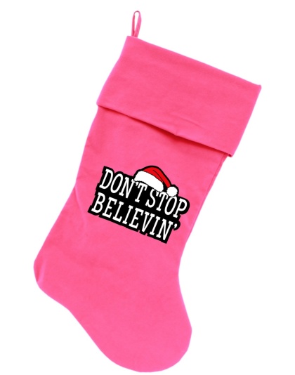 Don't Stop Believin Screen Print 18 inch Velvet Christmas Stocking Pink