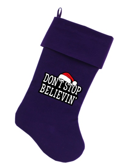 Don't Stop Believin Screen Print 18 inch Velvet Christmas Stocking Purple