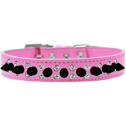 Double Crystal and Black Spikes Dog Collar Bright Pink Size 12