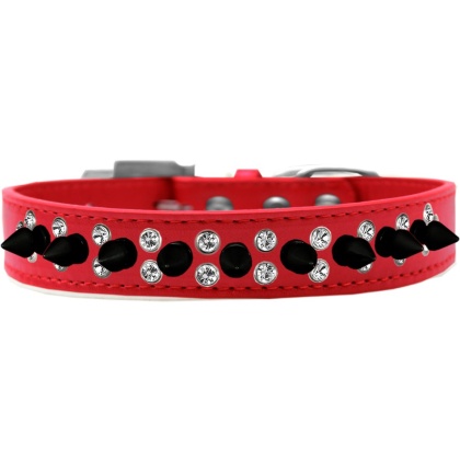 Double Crystal and Black Spikes Dog Collar Red Size 12