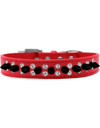Double Crystal and Black Spikes Dog Collar Red Size 12