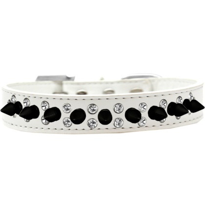 Double Crystal and Black Spikes Dog Collar White Size 12