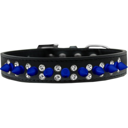 Double Crystal and Blue Spikes Dog Collar Black Size 12