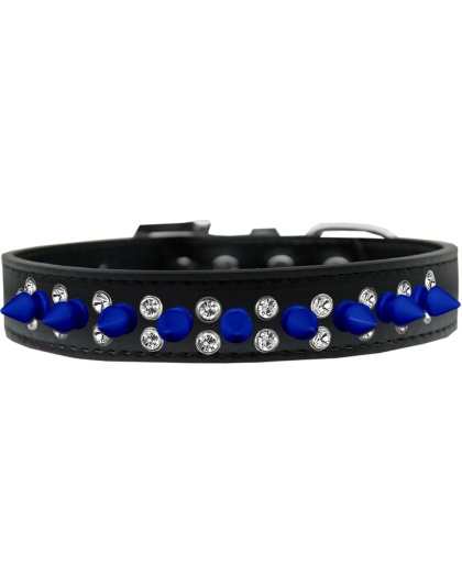 Double Crystal and Blue Spikes Dog Collar Black Size 12
