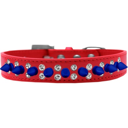 Double Crystal and Blue Spikes Dog Collar Red Size 12