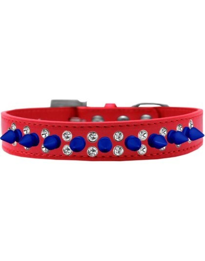 Double Crystal and Blue Spikes Dog Collar Red Size 12