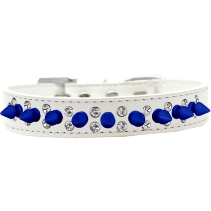 Double Crystal and Blue Spikes Dog Collar White Size 12