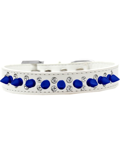 Double Crystal and Blue Spikes Dog Collar White Size 12