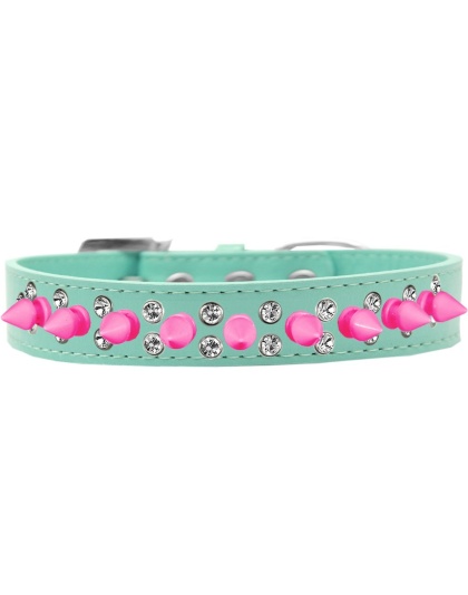 Double Crystal and Bright Pink Spikes Dog Collar Aqua Size 12