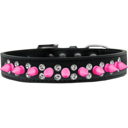 Double Crystal and Bright Pink Spikes Dog Collar Black Size 12