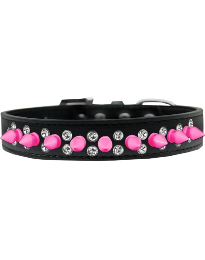 Double Crystal and Bright Pink Spikes Dog Collar Black Size 12