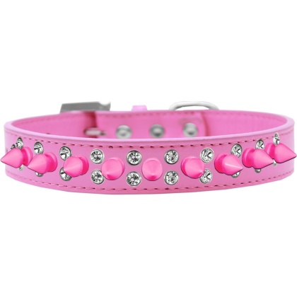 Double Crystal and Bright Pink Spikes Dog Collar Bright Pink Size 12