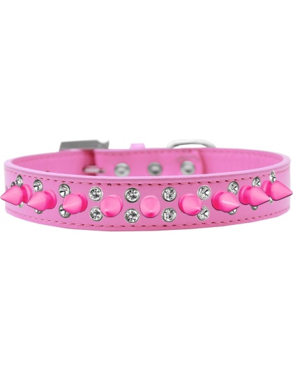 Double Crystal and Bright Pink Spikes Dog Collar Bright Pink Size 12