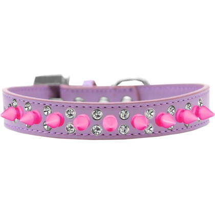 Double Crystal and Bright Pink Spikes Dog Collar Lavender Size 12