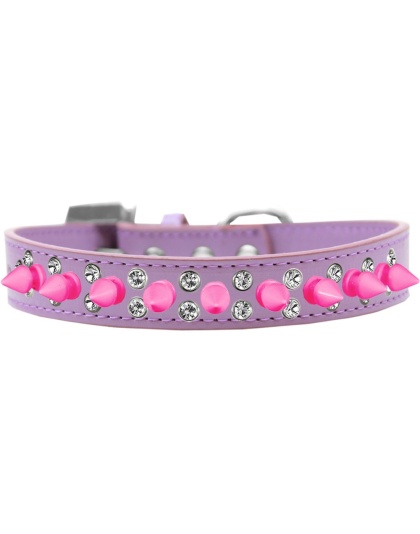 Double Crystal and Bright Pink Spikes Dog Collar Lavender Size 12