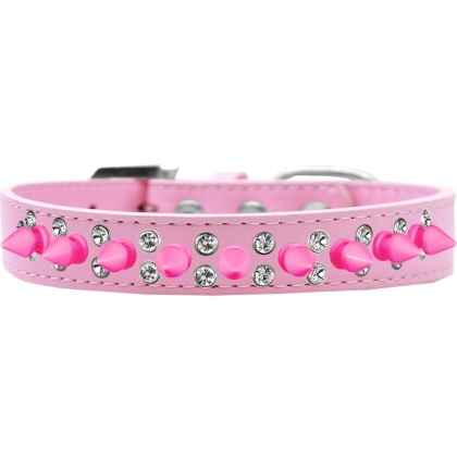 Double Crystal and Bright Pink Spikes Dog Collar Light Pink Size 12